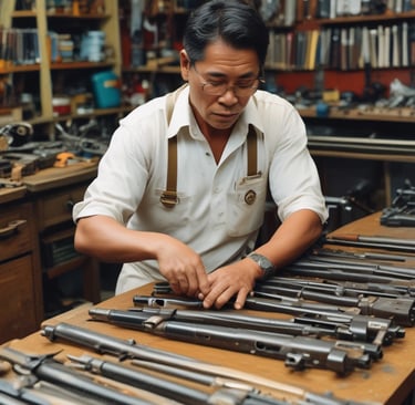 An artisanal display with intricately designed metal plates featuring elaborate engravings, ornate boxes, and various traditional items. The arrangement also includes small pyramidal souvenirs and mugs with decorative motifs, set against a glass shelf backdrop.