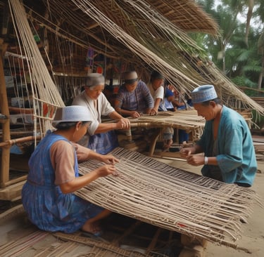 Several women dressed in colorful traditional clothing are sitting on the ground in a large indoor space, working with clay to create small handcrafted items. They are gathered around blue trays filled with clay pieces, interacting and focusing on their tasks. The background shows cardboard boxes and other people engaged in similar activities.