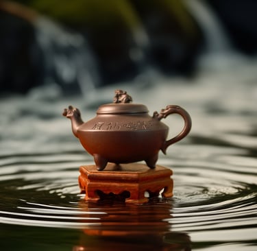 A Yixing teapot is placed on a wooden stand, which rests on the surface of the water, creating rippl