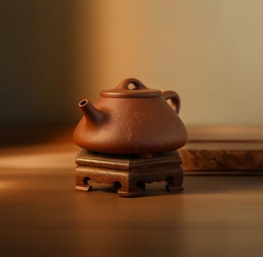 A Yixing teapot on a wooden base, with engraved leaves and branches