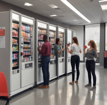 Employees enjoying new vending machines and great product in their break area