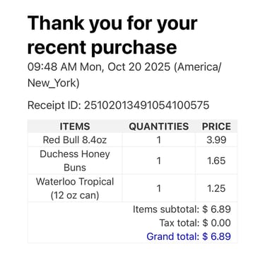 Receipt used for smart cooler purchase in Columbia, South Carolina