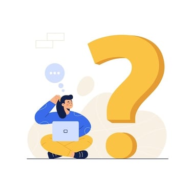 a man sitting on a chair with a question mark on his laptop