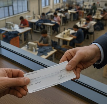 cheque bancario ejecutivos oficina moderna fábrica textil
