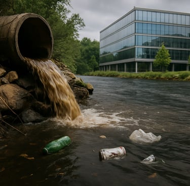 Tubería industrial vertiendo residuos en un río contaminado junto a un edificio de oficinas moderno.