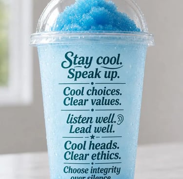 Blue raspberry slushie in a plastic cup with motivational quotes about leadership and integrity.