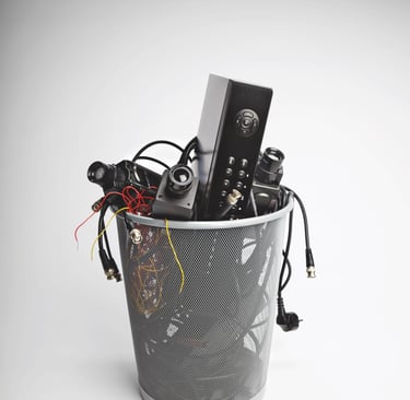 a trash canister with outdated surveillance cameras