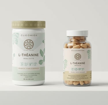 Compléments alimentaires de L-théanine en gélules et poudre, pots blancs au design naturel et minimaliste, produits bien-être