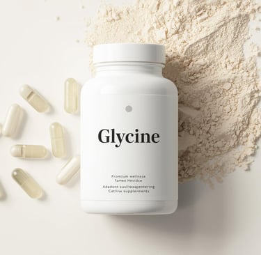 Complément alimentaire Glycine en pot blanc avec gélules transparentes et poudre, présenté sur un fond minimaliste, produit d
