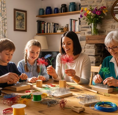 a family of four children and adults sitting around a table