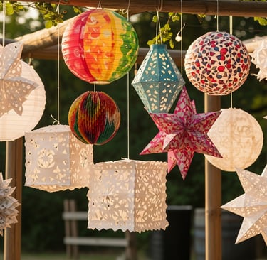 a bunch of paper lanterns hanging from a wooden structure
