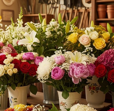 a bunch of flowers in a vase on a table