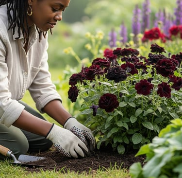 a woman is kneeling down to plant a flower