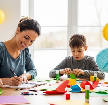 a woman and two children are sitting at a table