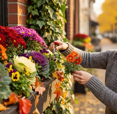 a woman is standing outside a window with flowers