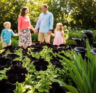 a family of four standing in a garden