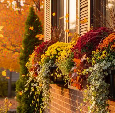 a fall window box with a bunch of flowers in it