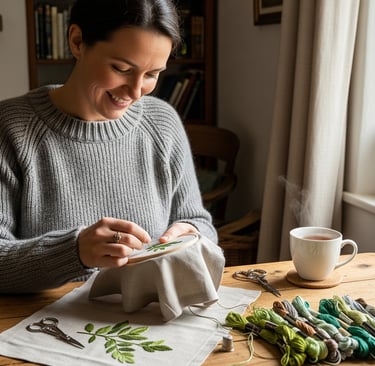 a woman is sitting at a table with a cup of coffee
