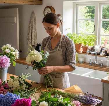 a woman in a apron and aprons is making a bouquet