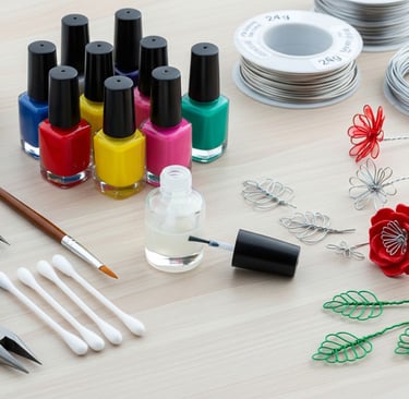 a table with a bunch of nail polishes and scissors