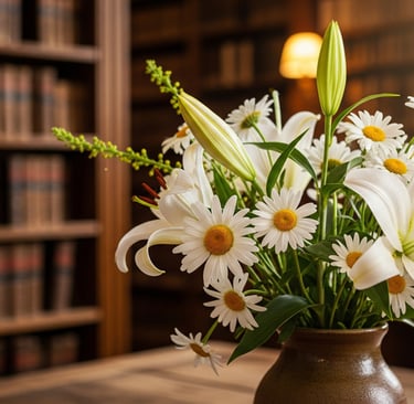 a vase with white flowers in a library