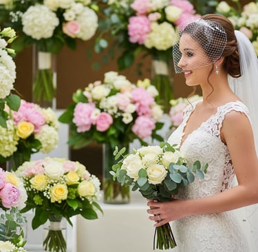 a bride in a wedding dress with a veil and do it yourseld wedding flowers