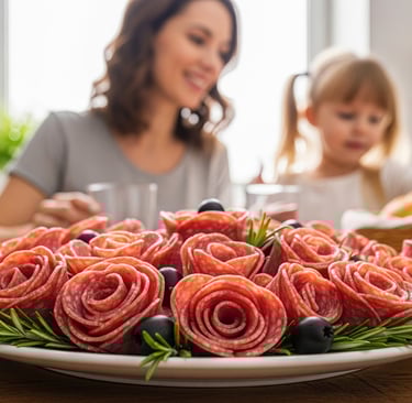 a woman and her daughter are eating a platter of meats