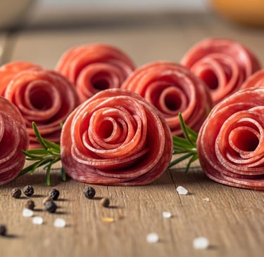 salami meat flowers on a wooden table