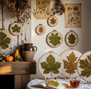 a table with hand embroidered leaves artwork on wall