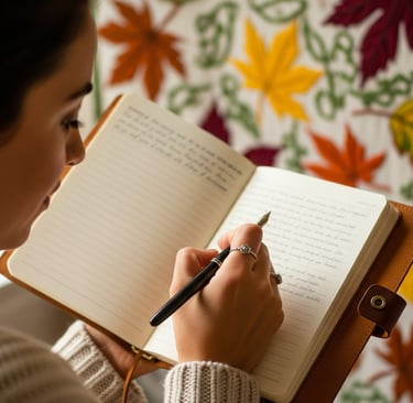 a woman is writing on a notebook while holding a pen