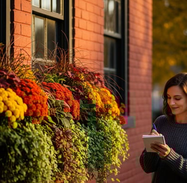a woman in a gray sweater and a notebook with a notepad