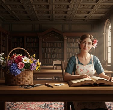 a woman sitting at a table with a basket of flowers