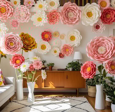 a living room with a couch and a large flower arrangement