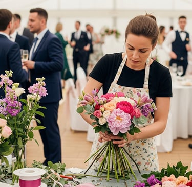a woman in a floral dress is holding a bouquet