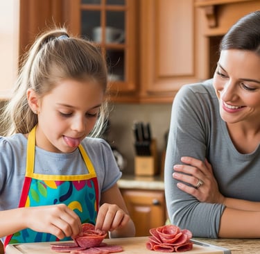 a woman and a young girl are making a flower
