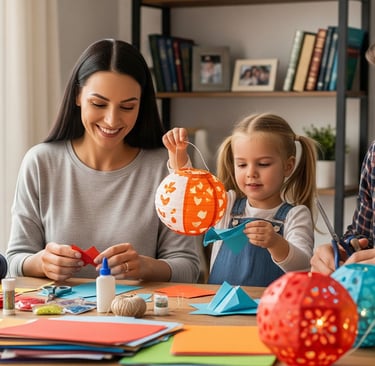 a family of three children playing with paper maching