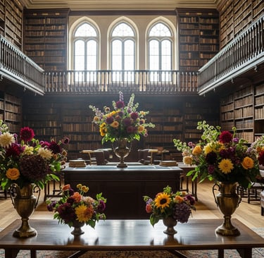 a library with a table and chairs and a table