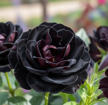 a close up of black flowers in the garden