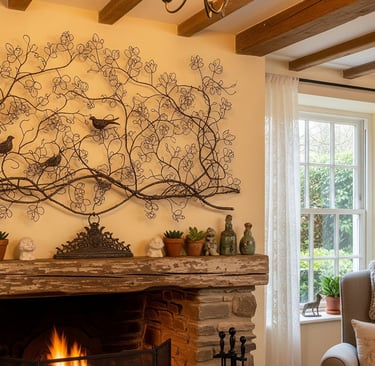 a living room with a fireplace and a chair and wire flowers display
