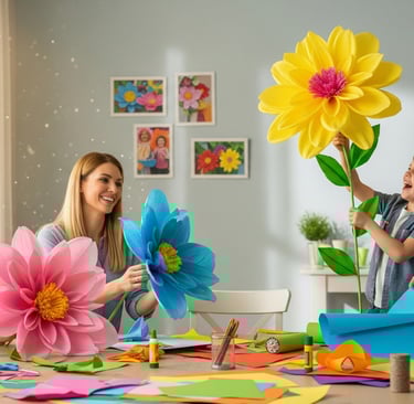 a family gathering at a table with paper flowers