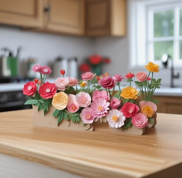 3d cricut paper flowers displayed on table top in kitchen