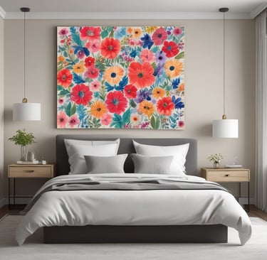 modern bedroom with large flower painting hanging on wall
