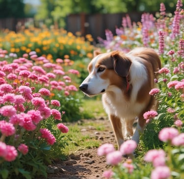 brown and white dog smelling the flowers