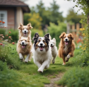 healthy dogs running and playing in garden