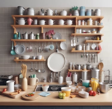 kitchen utensils displayed on kitchen wall