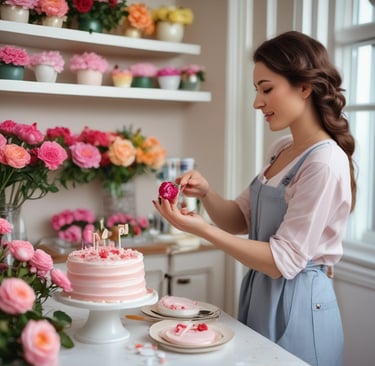 woman making buttercream drop flowers