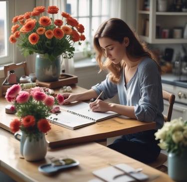woman sat at kitchen table writing