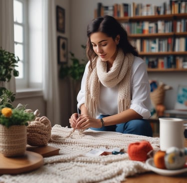 woman sat at desk crocheting a scarf