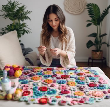 woman making a crochet flower pattern for her scarf