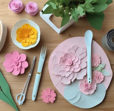 utensils for making paper flowers on table top